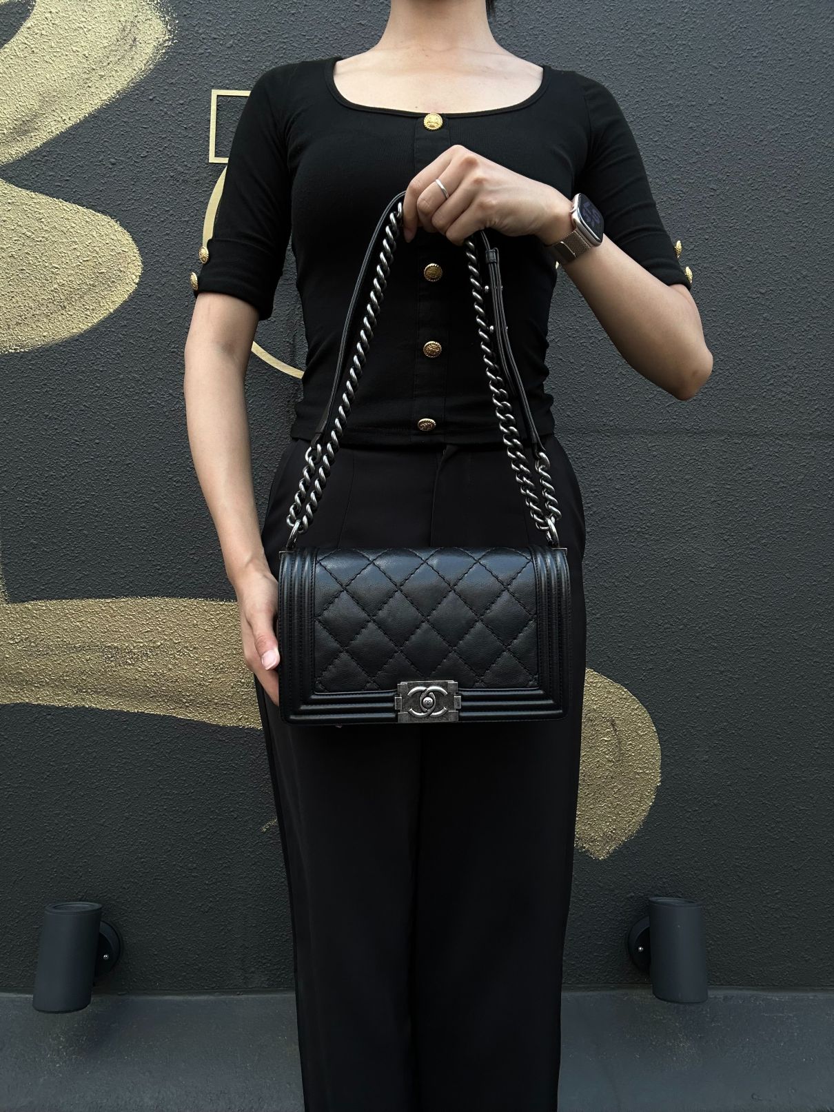 CHANEL Boy Leboy Matelasse Lambskin Shoulder Bag Black Silver Hardware With Authenticity Card