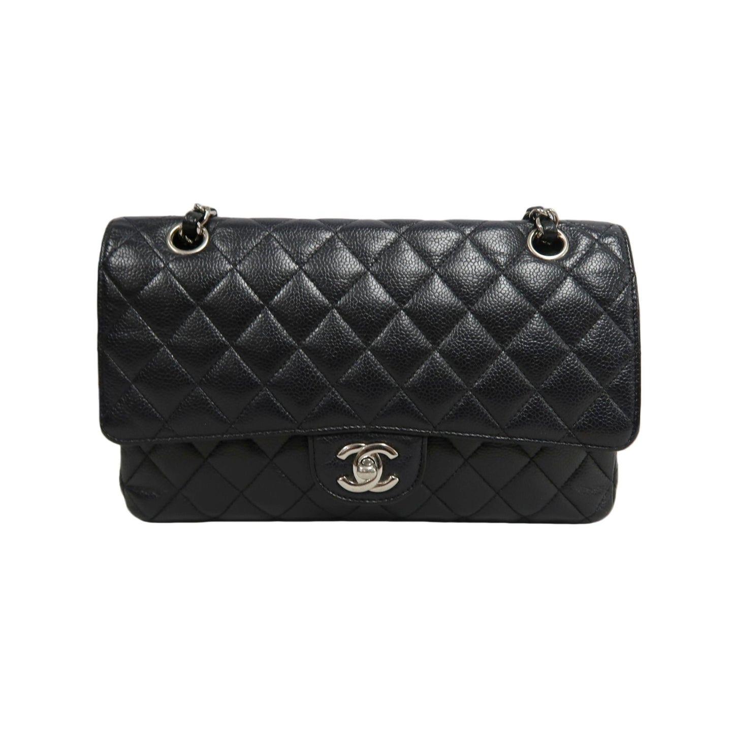 CHANEL Classic Matelasse Black Caviar Leather CF Flap Shoulder Bag With Silver Hardware