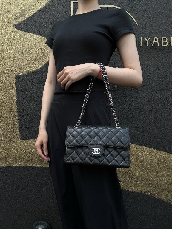 CHANEL Classic Flap Black Caviar Leather Quilted Flap Shoulder Bag With Silever Hardware