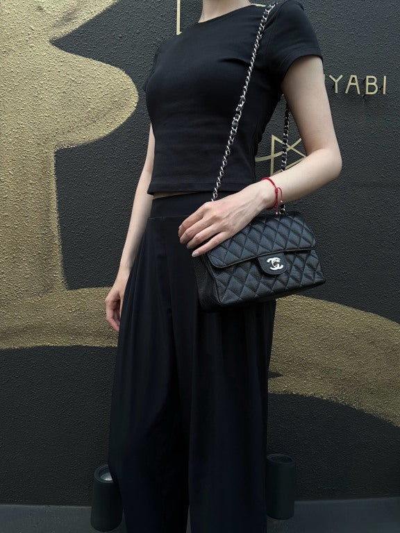 CHANEL Classic Flap Black Caviar Leather Quilted Flap Shoulder Bag With Silever Hardware
