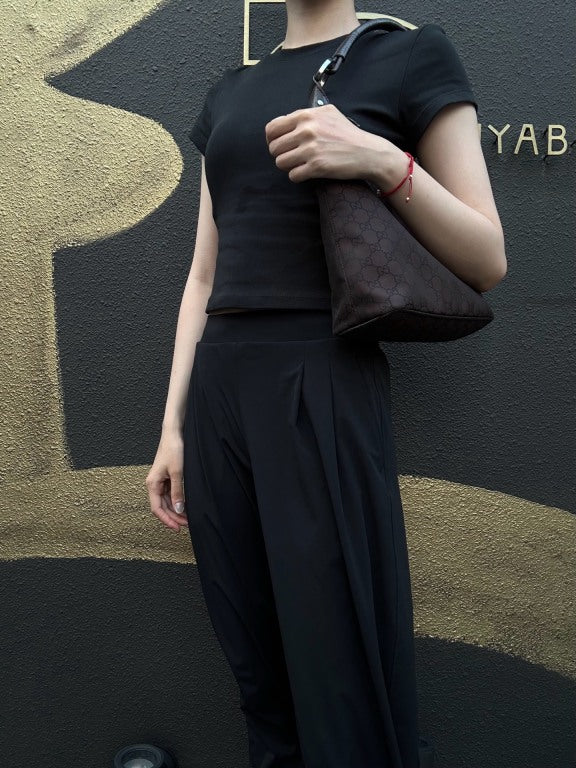 GUCCI GG Nylon One Shoulder Hobo Bag Brown Silver Hardware