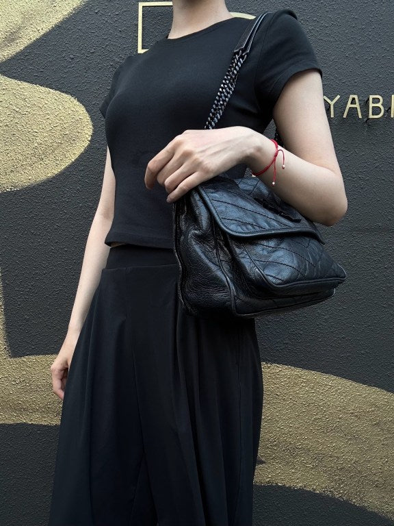 YVES SAINT LAURENT YSL NIKI Leather Shoulder Bag Black Waxed Leather