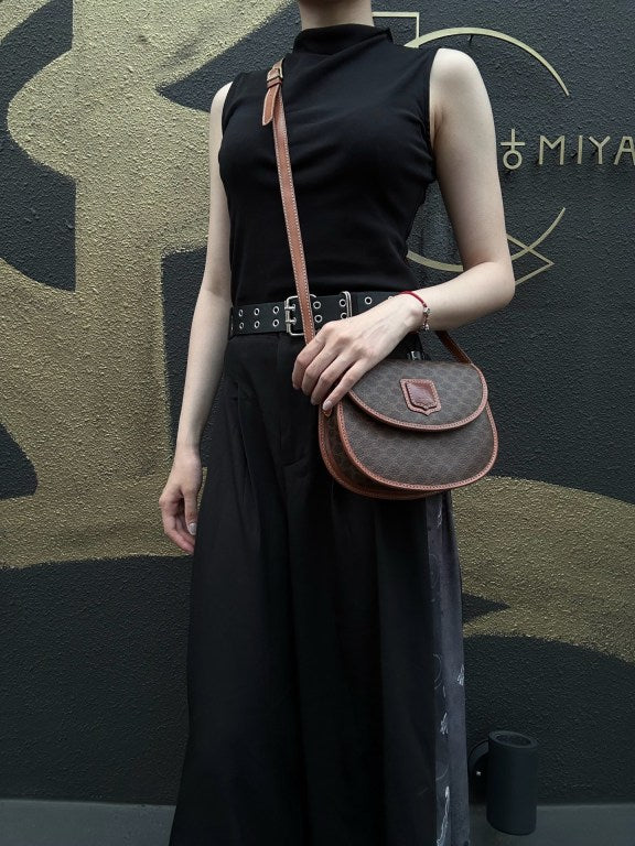 CELINE Macadam MonogramSaddle Shoulder Bag Dark Brown Gold Hardware