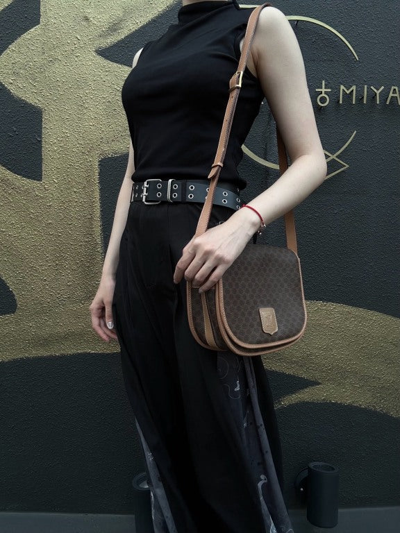 CELINE Macadam Shoulder Bag  Brown Beige gold hardware