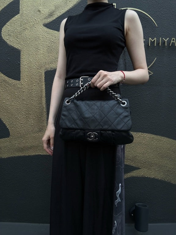 CHANEL Matelasse Cloud Flap Shoulder Bag Calfskin Black Silver Hardware