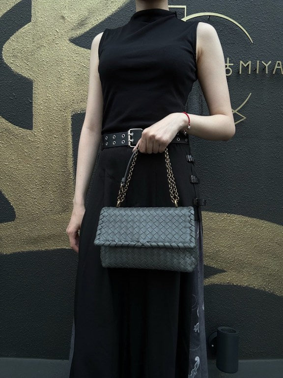 BOTTEGA VENETA Intreccio Calfskin Olympia Shoulder Bag In Black With Gold Hardware
