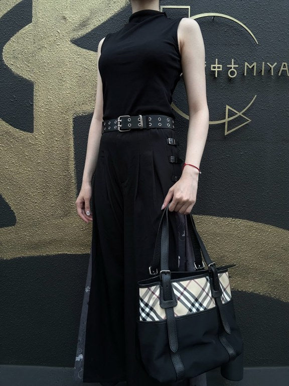 BURBERRYNova Check Tote Bag Handbag Nylon Leather Black Beige Silver Hardware