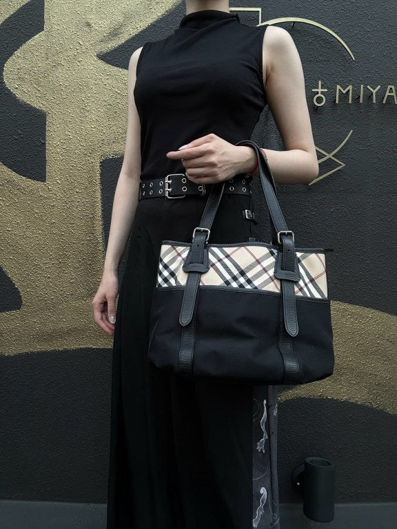 BURBERRYNova Check Tote Bag Handbag Nylon Leather Black Beige Silver Hardware