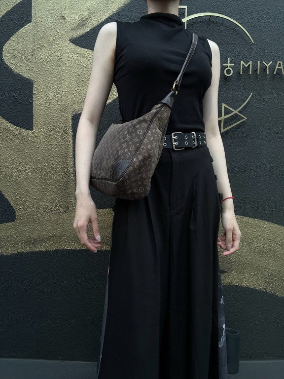 LOUIS VUITTON Monogram Mini Lin Boulogne Shoulder Bag Canvas Brown Leather Trim