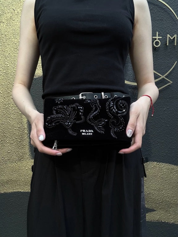 PRADA Clutch Bag Evening Bag Velvet with Bead Decoration Black Silver Hardware