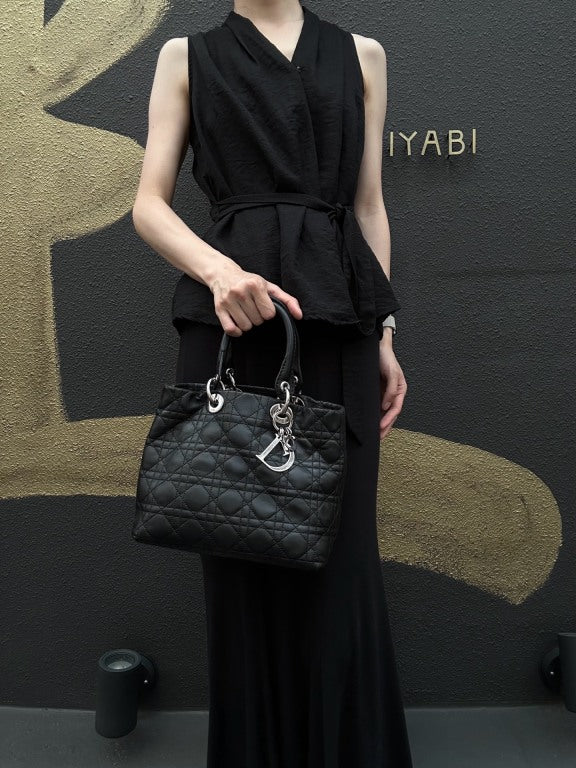 DIOR Lady Dior Handbag Cannage Lambskin Black Silver Hardware