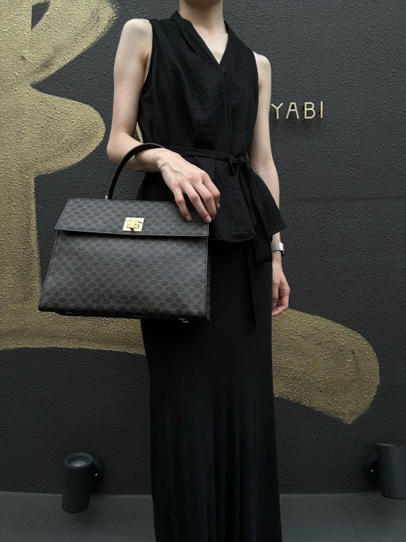 CELINE Macadam Kelly Style Handbag Brown Gold Hardware