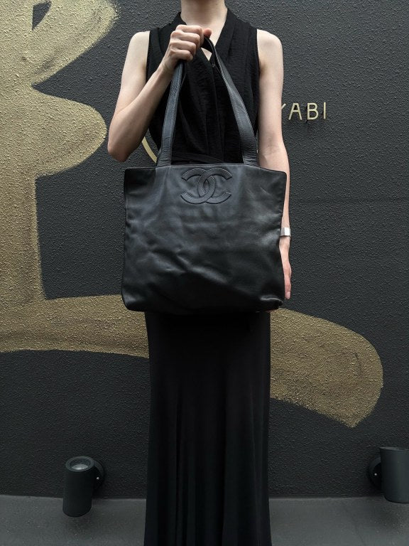 CHANEL Embossed CC Coco Logo Leather Tote Bag Black Silver Hardware