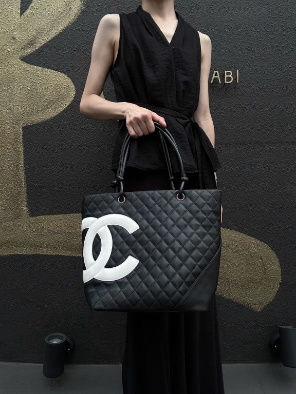 CHANEL Cambon Line Jumbo Quilted 　lambLeather Tote Bag　 Large CC Logo 　Black　Silver Hardware