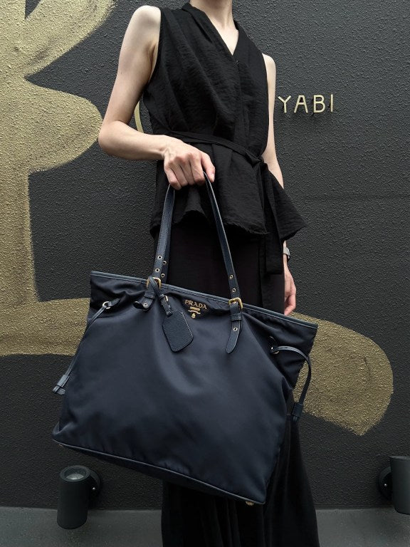 PRADA Nylon Tote Shoulder Bag In Navy Blue With Gold Hardware