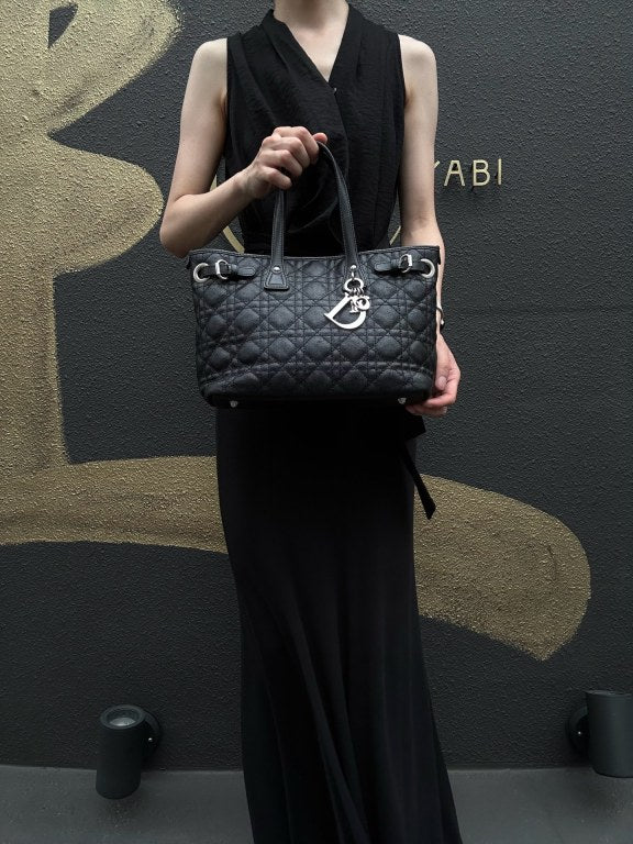 DIOR Panarea Mini Quilted Canvas Tote Bag leather Black Silver Hardware