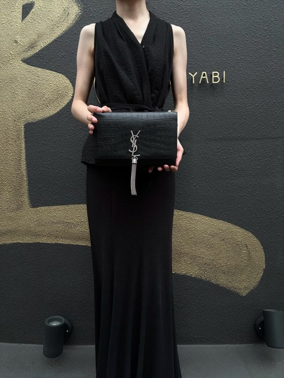 YVES SAINT LAURENT Kate Black Quilted Calfskin Leather Tassel Shoulder Bag With Silver Hardware