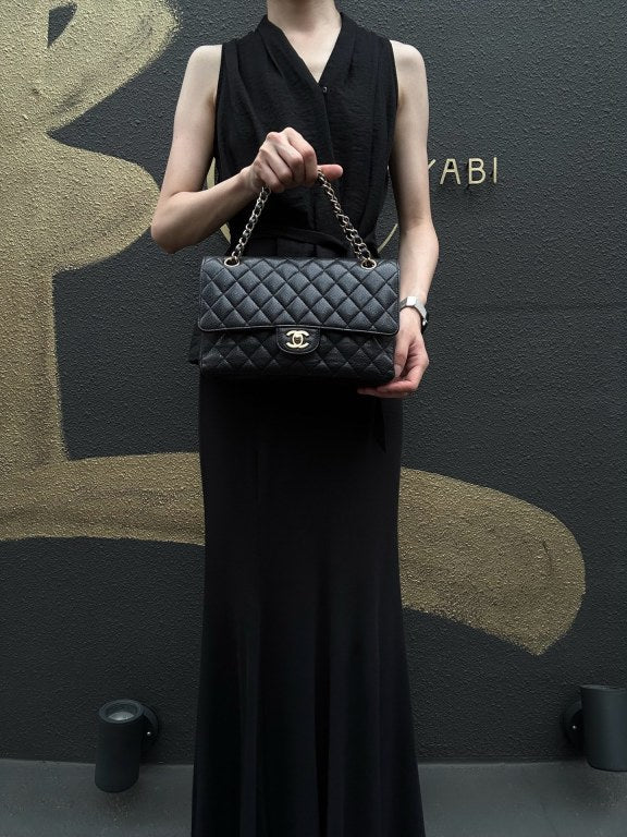 CHANEL Classic Matelasse Black Caviar Leather CF Flap Shoulder Bag With Gold Hardware