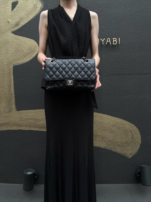 CHANEL Classic Flap Black Caviar Leather Quilted Flap Shoulder Bag With Gold Hardware, With Authenticity Card