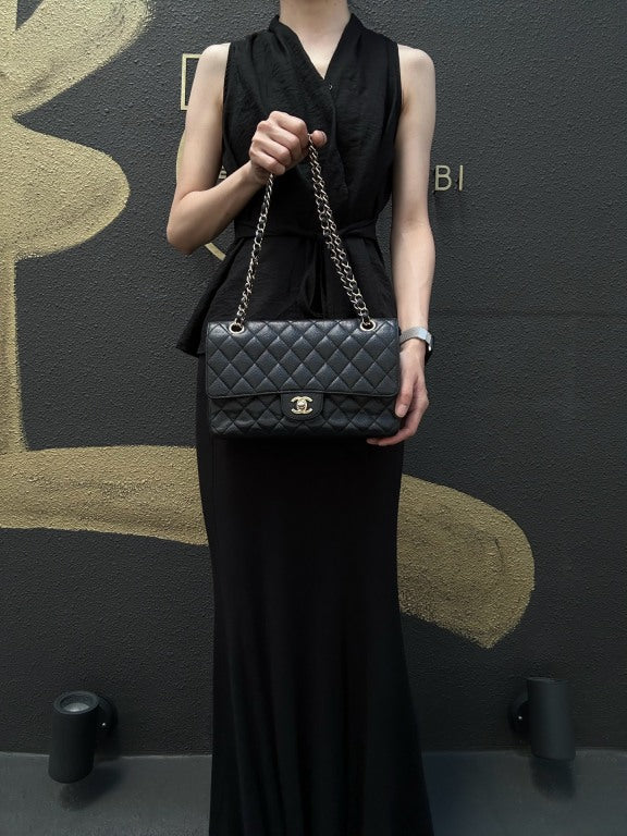 CHANEL Classic Flap Black Caviar Leather Quilted Flap Shoulder Bag With Gold Hardware, With Authenticity Card