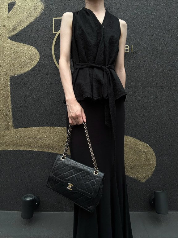 CHANEL Paris Limited Matelasse Black Lambskin Leather Quilted Flap Chain Crossbody Bag With Gold Hardware