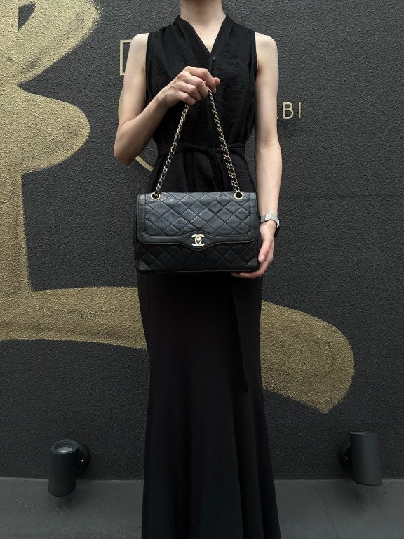 CHANEL Paris Limited Matelasse Black Lambskin Leather Quilted Flap Chain Crossbody Bag With Gold Hardware