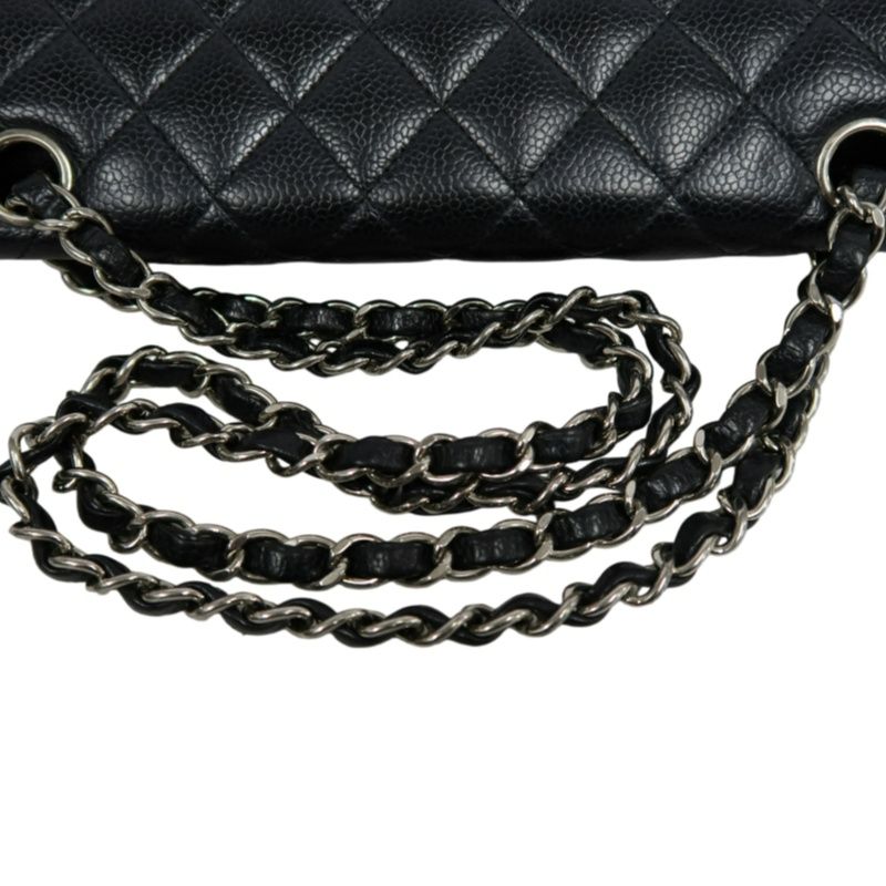 CHANEL Classic Matelasse Black Caviar Leather CF Flap Shoulder Bag With Silver Hardware
