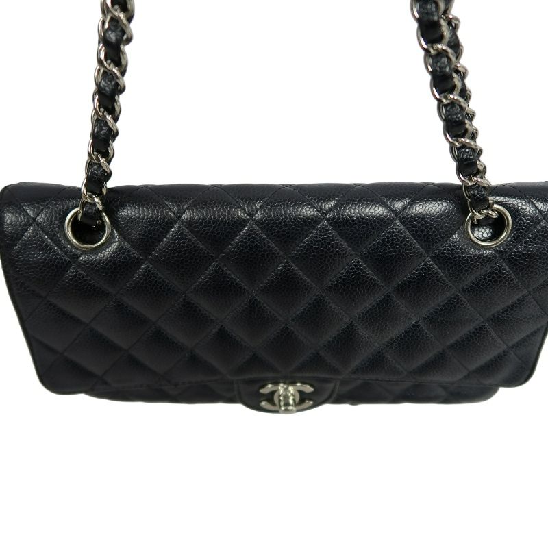 CHANEL Classic Matelasse Black Caviar Leather CF Flap Shoulder Bag With Silver Hardware
