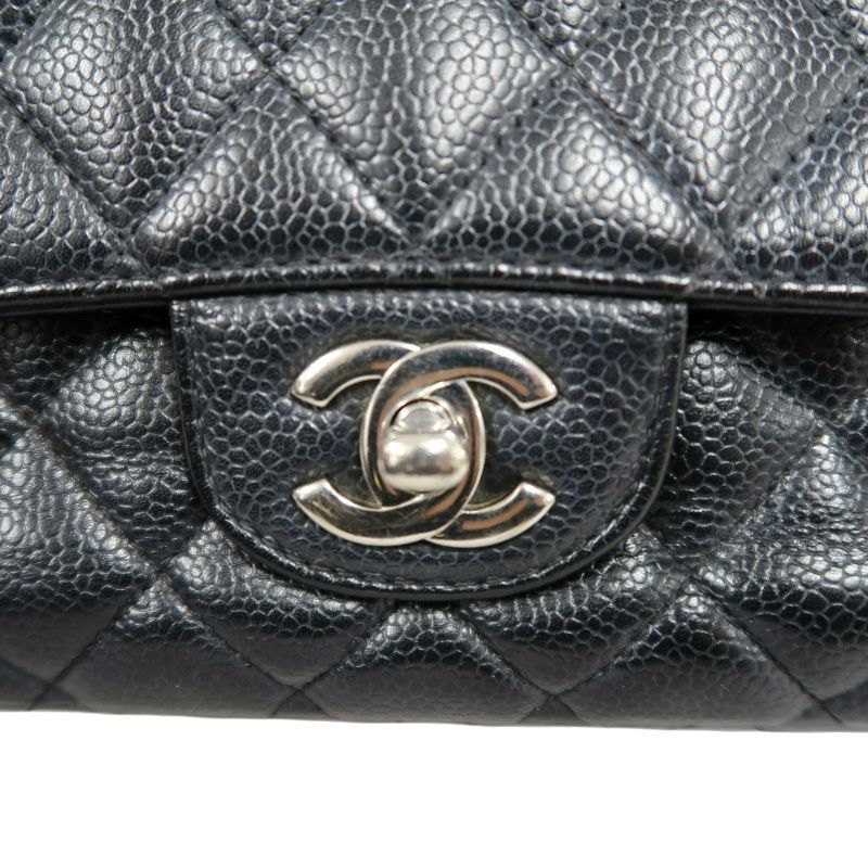 CHANEL Classic Matelasse Black Caviar Leather CF Flap Shoulder Bag With Silver Hardware