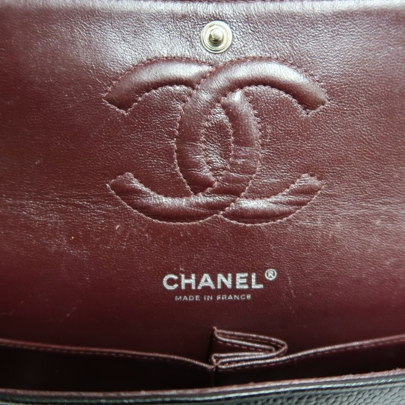 CHANEL Classic Matelasse Black Caviar Leather CF Flap Shoulder Bag With Silver Hardware