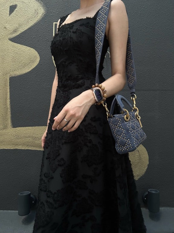 DIOR Lady Dior Cannage Studded Denim Blue Canvas 3-grid Handle Handbag With Gold Hardware