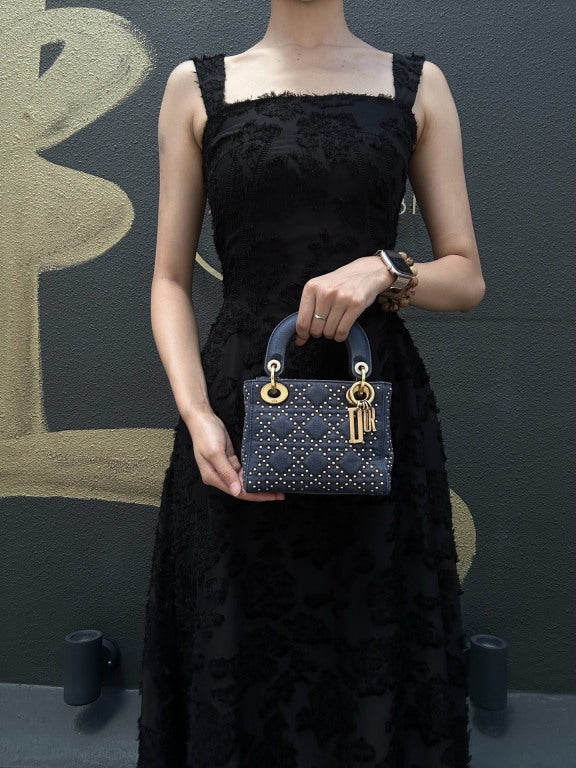 DIOR Lady Dior Cannage Studded Denim Blue Canvas 3-grid Handle Handbag With Gold Hardware