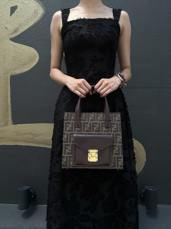 ENDI Zucca Canvas Brown Tote Shoulder Bag With Gold Hardware