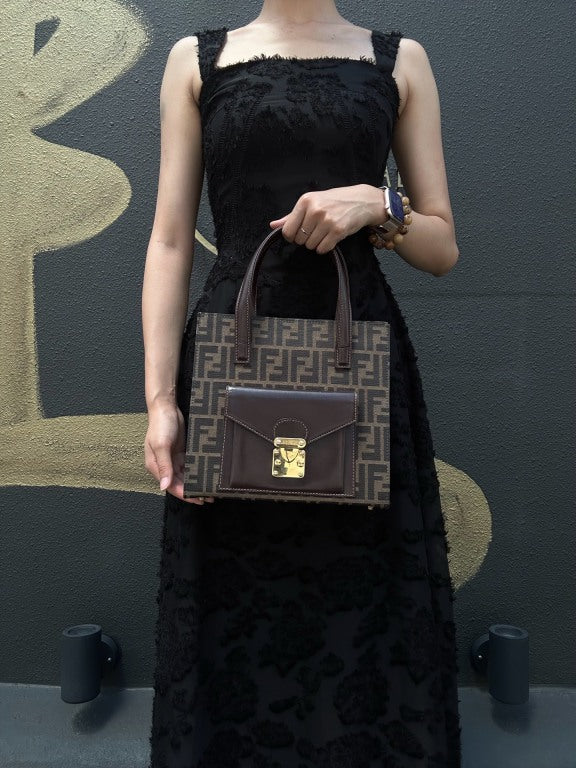 ENDI Zucca Canvas Brown Tote Shoulder Bag With Gold Hardware