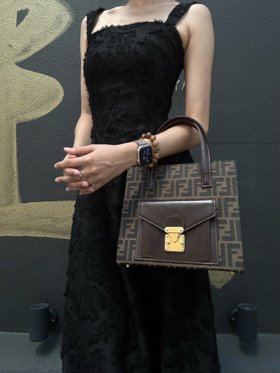 ENDI Zucca Canvas Brown Tote Shoulder Bag With Gold Hardware