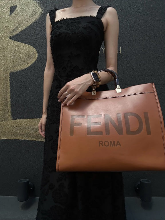 FENDI Sunshine Shopper Calfskin Tote Handbag In Brown With Gold Hard ware