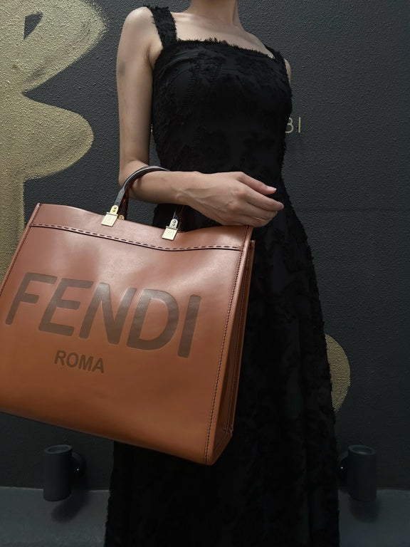 FENDI Sunshine Shopper Calfskin Tote Handbag In Brown With Gold Hard ware