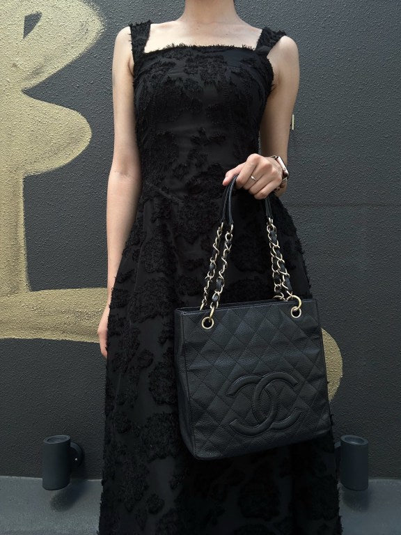 CHANEL GST Black Caviar Leather Quilted Chain Shoulder Bag With Gold Hardware