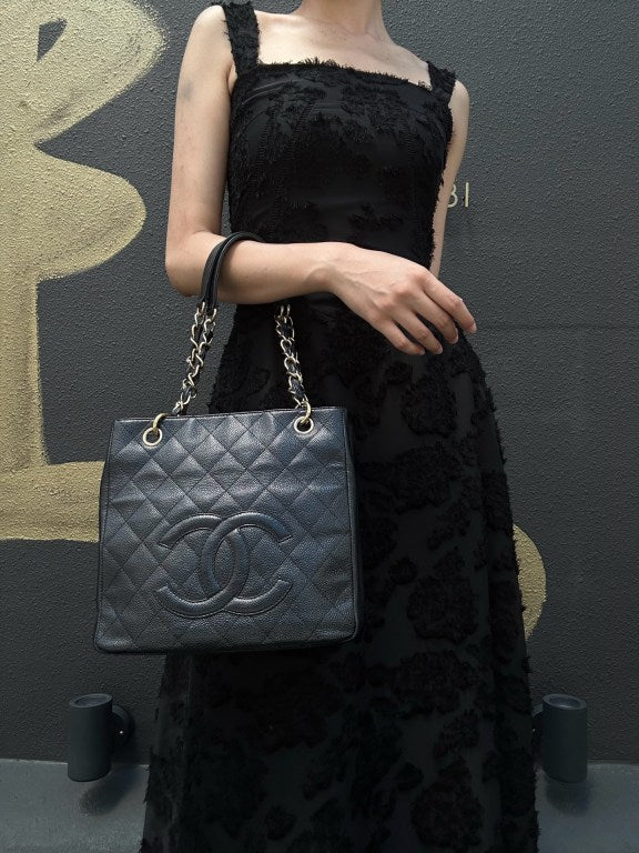 CHANEL GST Black Caviar Leather Quilted Chain Shoulder Bag With Gold Hardware