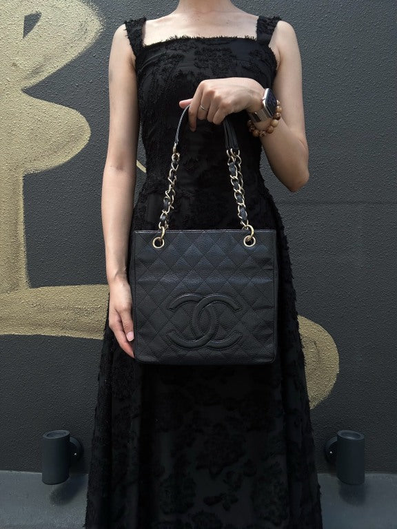 CHANEL GST Black Caviar Leather Quilted Chain Shoulder Bag With Gold Hardware
