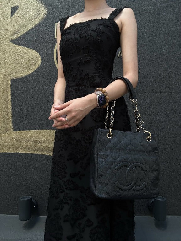 CHANEL GST Black Caviar Leather Quilted Chain Shoulder Bag With Gold Hardware