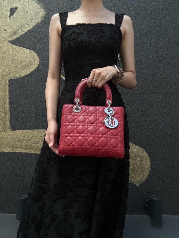 DIOR Lady Dior Cannage Red Lambskin Leather 5-grid Handle Handbag With Silver Hardware