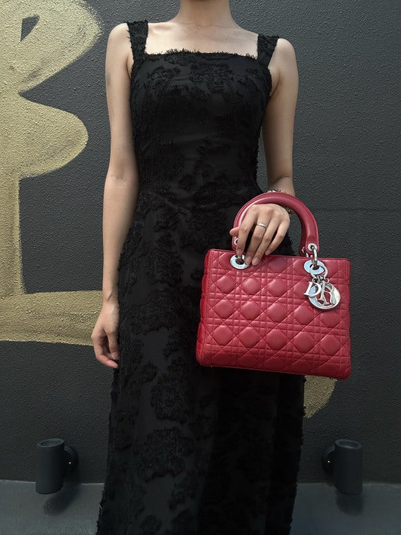 DIOR Lady Dior Cannage Red Lambskin Leather 5-grid Handle Handbag With Silver Hardware