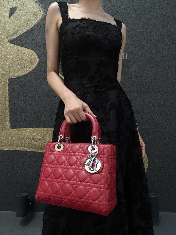 DIOR Lady Dior Cannage Red Lambskin Leather 5-grid Handle Handbag With Silver Hardware