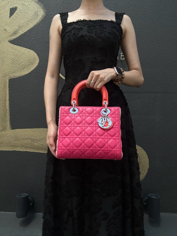 DIOR Lady Dior Cannage Pink Lambskin Leather 5-grid Handle Handbag With Silver Hardware