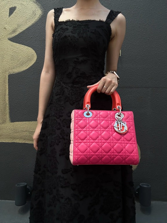 DIOR Lady Dior Cannage Pink Lambskin Leather 5-grid Handle Handbag With Silver Hardware