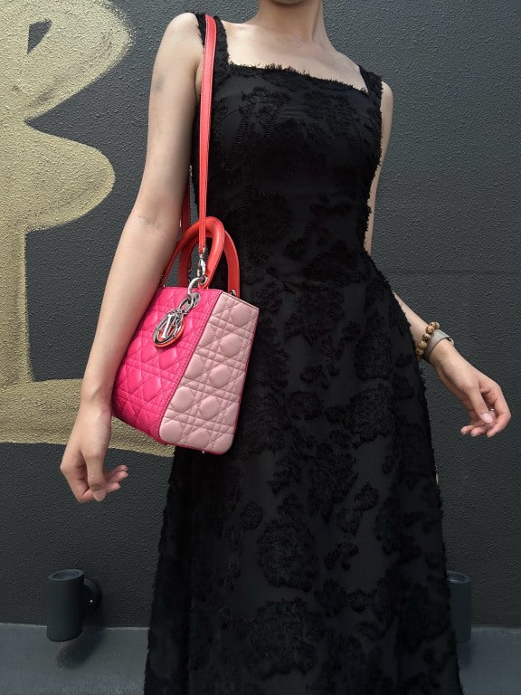 DIOR Lady Dior Cannage Pink Lambskin Leather 5-grid Handle Handbag With Silver Hardware