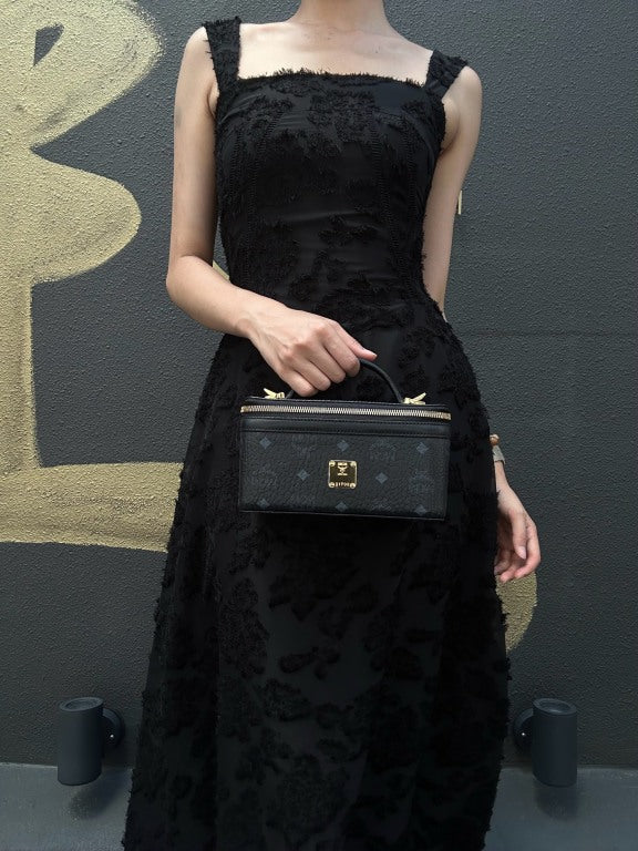 MCM Visetos Canvas Black PVC Vanity Case Handbag With Gold Hardware
