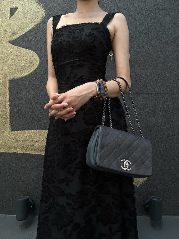 CHANEL Matelasse Black Calfskin Leather Quilted Flap Crossbody Bag With Gold Hardware