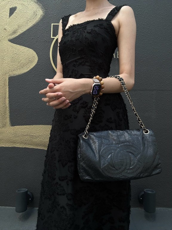 CHANEL Coco Mark Black Patent Waxed Leather Chain Flap Crossbody Bag With Gold Hardware